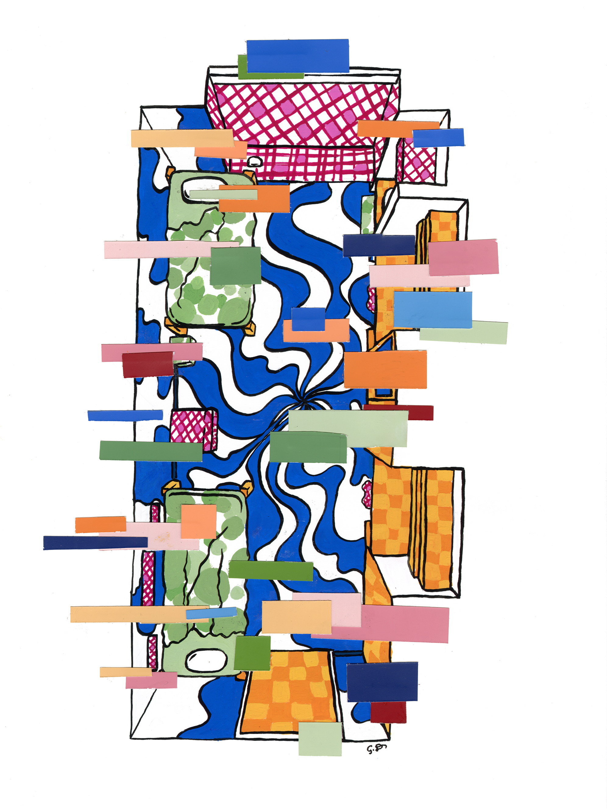 top down drawing of a bedroom with abstract patterns and rectangles of colored paper on top